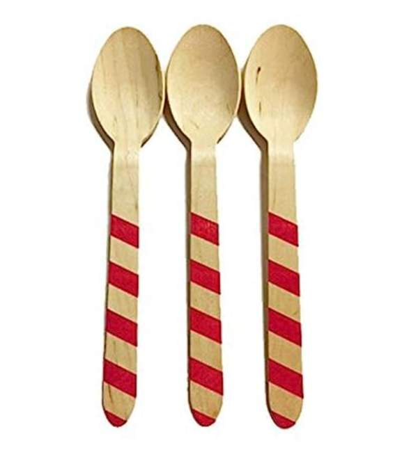 wooden spoon with red striped print