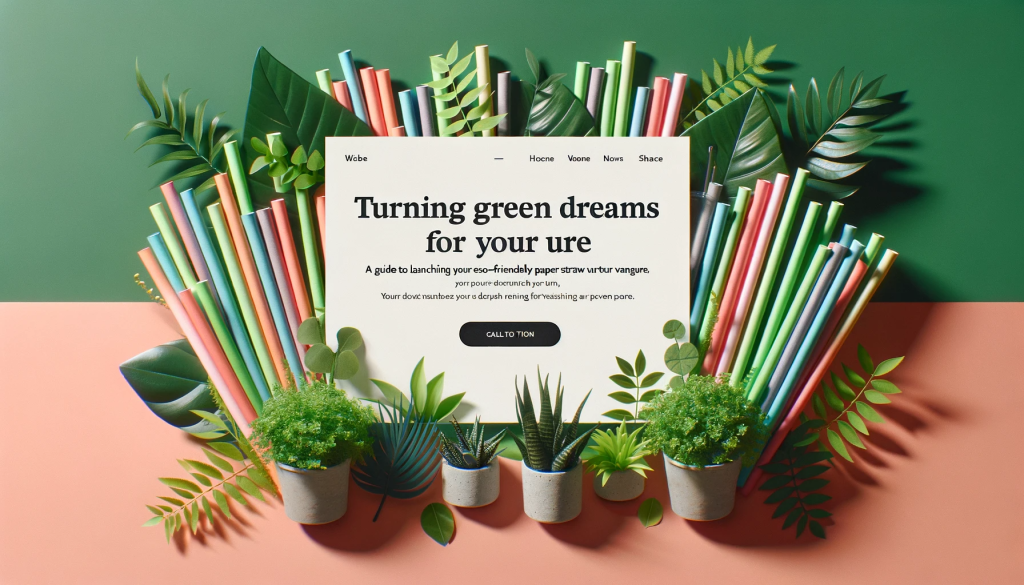 DALL·E 2023 10 28 10.54.02 Wide photo banner for a webpage titled Turning Green Dreams into Reality  A Guide to Launching Your Eco friendly Paper Straw Venture displaying col