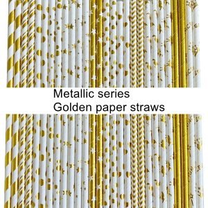 metallic golden paper straws