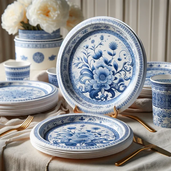 high quality custom printed disposable paper plates showcasing an elegant blue and white porcelain design. The plates f