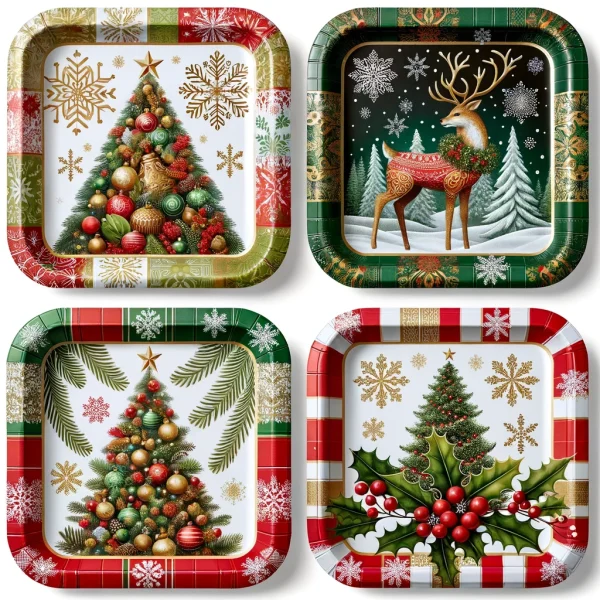 A set of square paper plates with festive Christmas designs