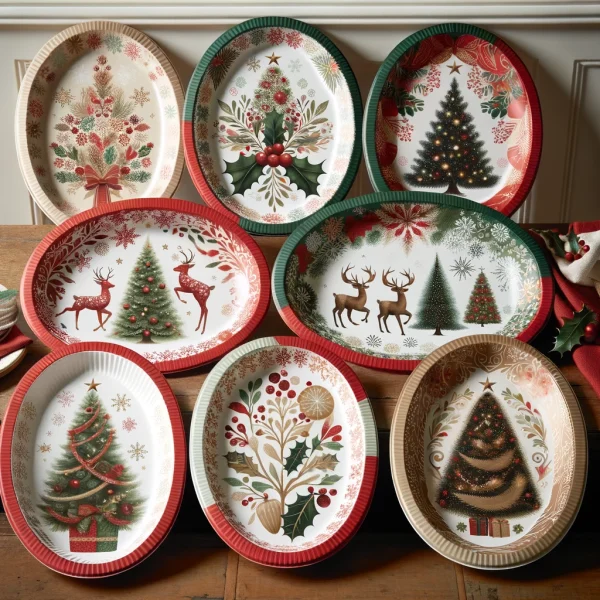 Christmas oval paper plates each featuring a new and unique festive design