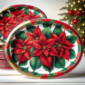 Christmas oval paper plates with a vibrant poinsettia pattern