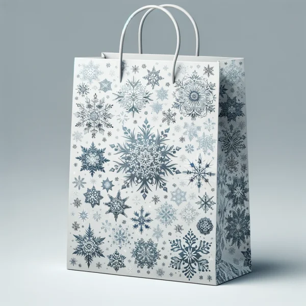 DALL·E 2024 03 23 09.12.58 A paper bag with a snowflake pattern design. The bag is a soft wintery color perhaps a pale blue or white and is adorned with an array of delicate
