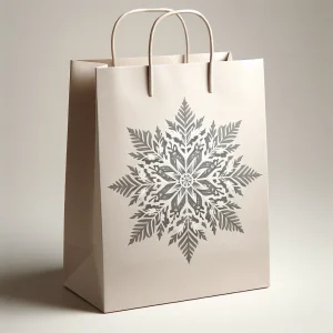 DALL·E 2024 03 23 09.14.31 A paper bag with a single snowflake design. The bag is a pale wintery color providing a clean and elegant background for a large intricate snowflak