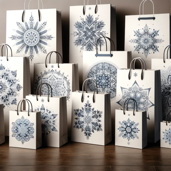 DALL·E 2024 03 23 09.16.00 A series of paper bags with snowflake designs each bag varying in size. The collection ranges from small to large accommodating various uses and pre