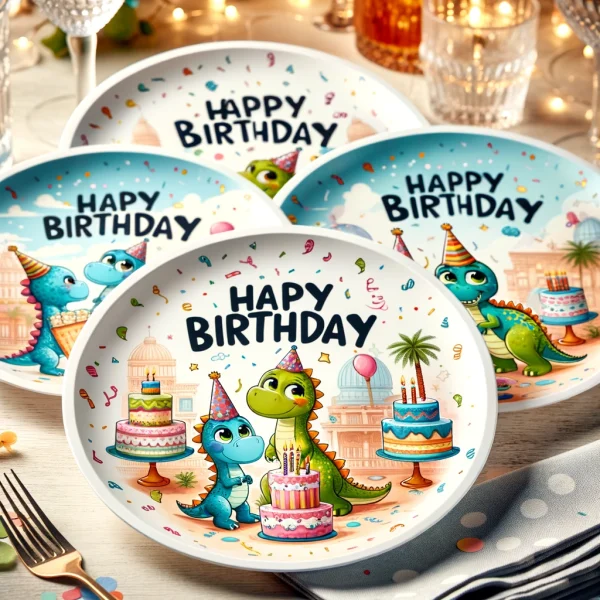 Happy Birthday dessert plates designed with cartoon dinosaurs for a childrens party