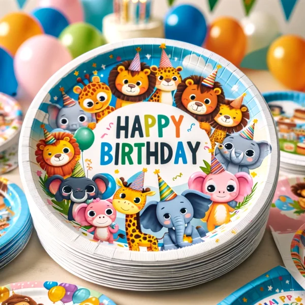 Happy Birthday paper plates with a cute cartoon animals theme