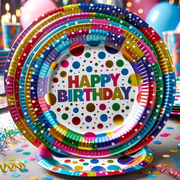 Happy Birthday party paper dessert plates foil polka dots in five different colors