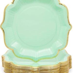 Scalloped Paper Plates with Light Green Design and Gold Foil Trim
