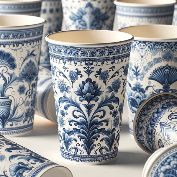 high quality custom printed disposable paper cups designed with an elegant blue and white porcelain pattern