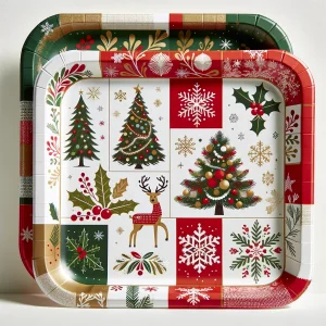 square paper plates with festive Christmas designs