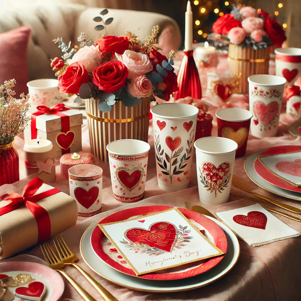 Customized paper plates, cups, and napkins for a romantic Valentine's Day party with heart designs and floral accents.