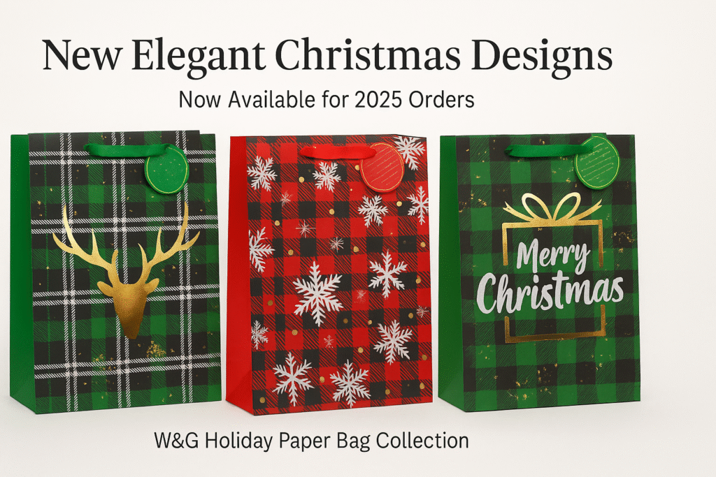 W&G unveils new 2025 Christmas paper bags with plaid designs, foil accents, custom sizes, and festive branding options.